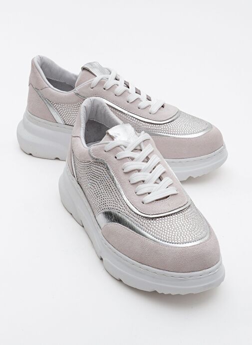 PABLO Beyaz Süet Gümüş Taşlı Hakiki Deri Kalın Tabanlı Kadın Spor Ayakkabı - Görsel 2