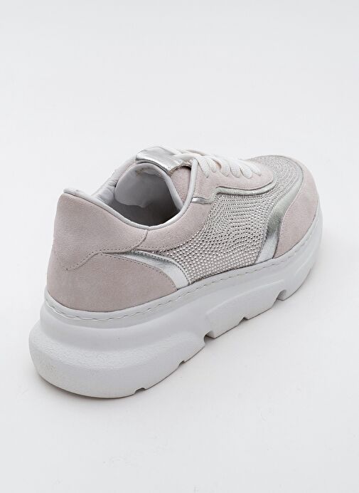 PABLO Beyaz Süet Gümüş Taşlı Hakiki Deri Kalın Tabanlı Kadın Spor Ayakkabı - Görsel 5