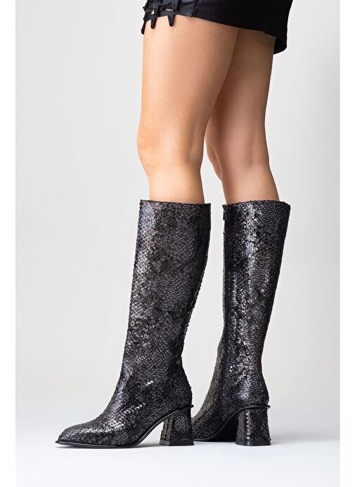 ELLY Siyah Desenli Kadın Kalın Topuklu Çizme - Görsel 7