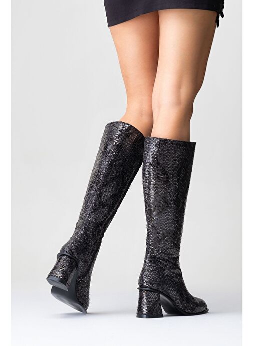 ELLY Siyah Desenli Kadın Kalın Topuklu Çizme - Görsel 8