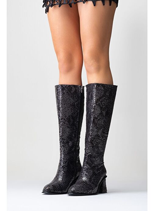 ELLY Siyah Desenli Kadın Kalın Topuklu Çizme - Görsel 9