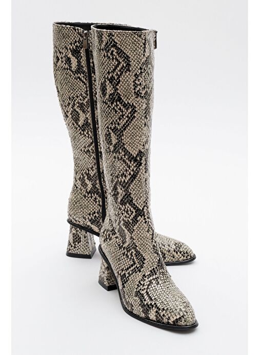 ELLY Siyah Beyaz Desenli Kadın Kalın Topuklu Çizme - Görsel 2