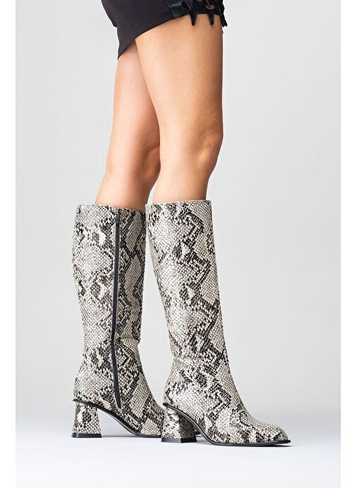 ELLY Siyah Beyaz Desenli Kadın Kalın Topuklu Çizme - Görsel 7