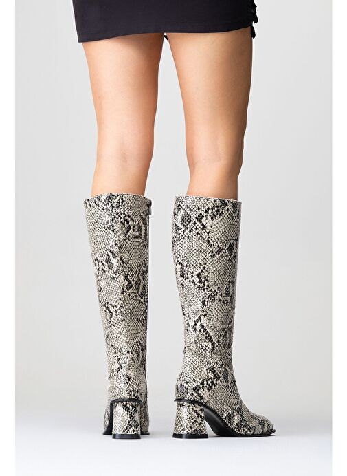 ELLY Siyah Beyaz Desenli Kadın Kalın Topuklu Çizme - Görsel 8