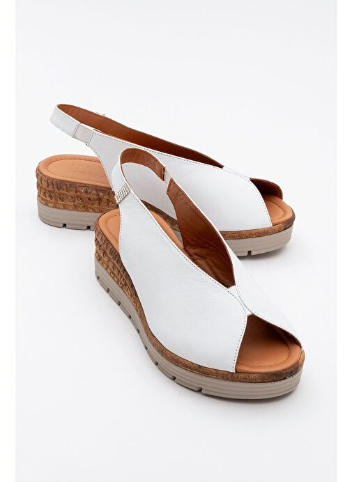BLOM Beyaz Hakiki Deri Kadın Dolgu Topuk Sandalet - Görsel 2