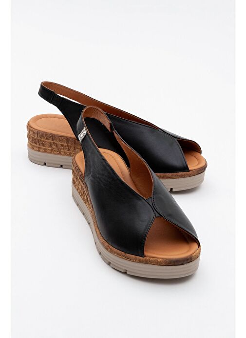 BLOM Siyah Hakiki Deri Kadın Dolgu Topuk Sandalet - Görsel 2