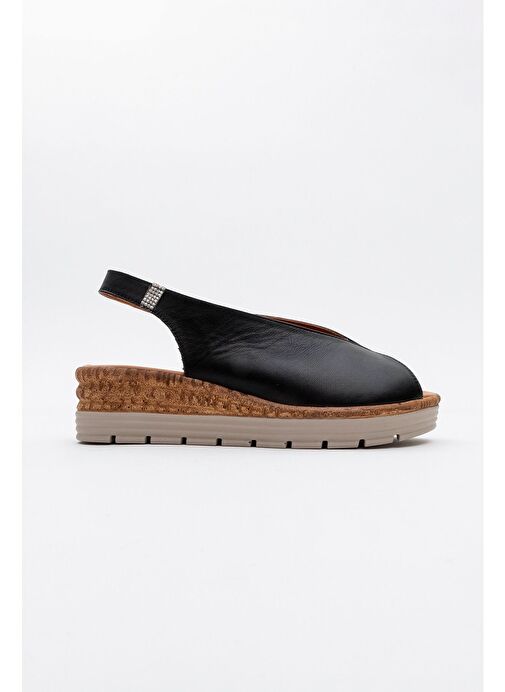 BLOM Siyah Hakiki Deri Kadın Dolgu Topuk Sandalet - Görsel 6