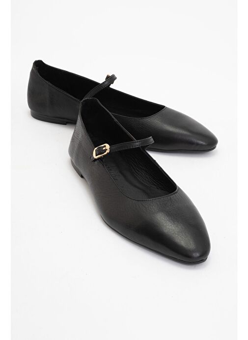 LUNAIRE Siyah Hakiki Deri Tek Bantlı Sivri Burun Kadın Babet Ayakkabı - Görsel 2