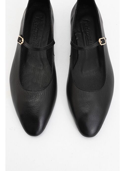 LUNAIRE Siyah Hakiki Deri Tek Bantlı Sivri Burun Kadın Babet Ayakkabı - Görsel 3