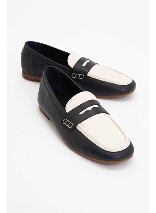 SKYE Lacivert-Beyaz Hakiki Deri Küt Burun Kadın Loafer Ayakkabı - Görsel 2