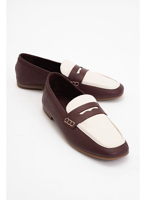 SKYE Bordo-Beyaz Hakiki Deri Küt Burun Kadın Loafer Ayakkabı - Görsel 2
