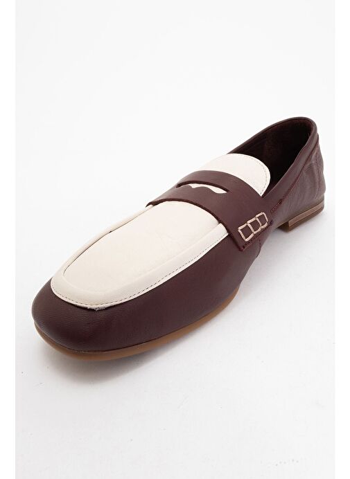 SKYE Bordo-Beyaz Hakiki Deri Küt Burun Kadın Loafer Ayakkabı - Görsel 4