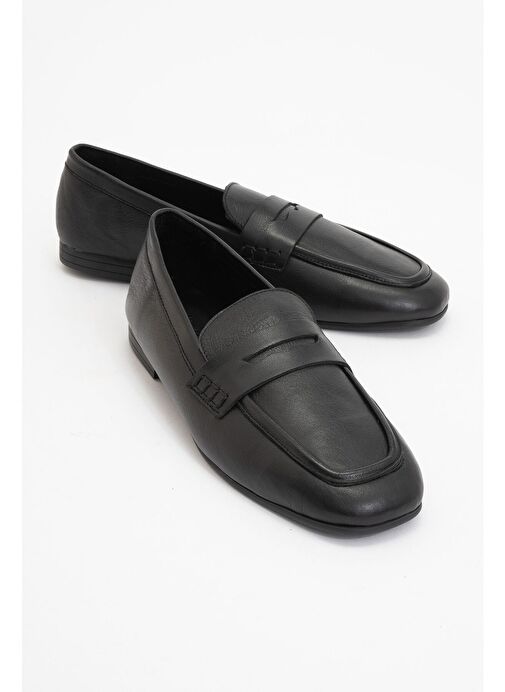 SKYE Siyah Hakiki Deri Küt Burun Kadın Loafer Ayakkabı - Görsel 2