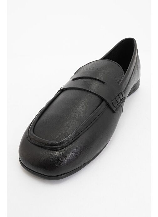 SKYE Siyah Hakiki Deri Küt Burun Kadın Loafer Ayakkabı - Görsel 4