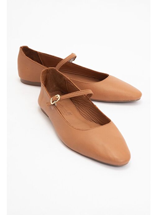 LUNAIRE Taba Hakiki Deri Tek Bantlı Sivri Burun Kadın Babet Ayakkabı - Görsel 2