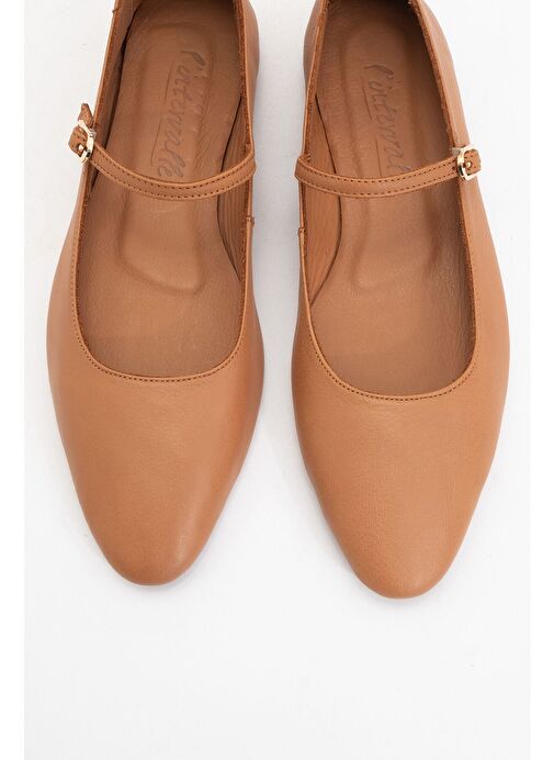 LUNAIRE Taba Hakiki Deri Tek Bantlı Sivri Burun Kadın Babet Ayakkabı - Görsel 3