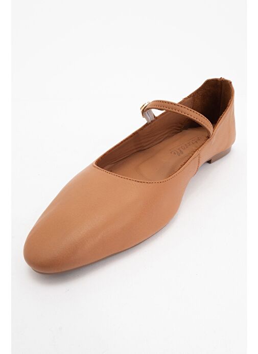 LUNAIRE Taba Hakiki Deri Tek Bantlı Sivri Burun Kadın Babet Ayakkabı - Görsel 4