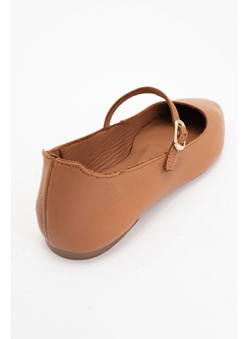 LUNAIRE Taba Hakiki Deri Tek Bantlı Sivri Burun Kadın Babet Ayakkabı - Görsel 5