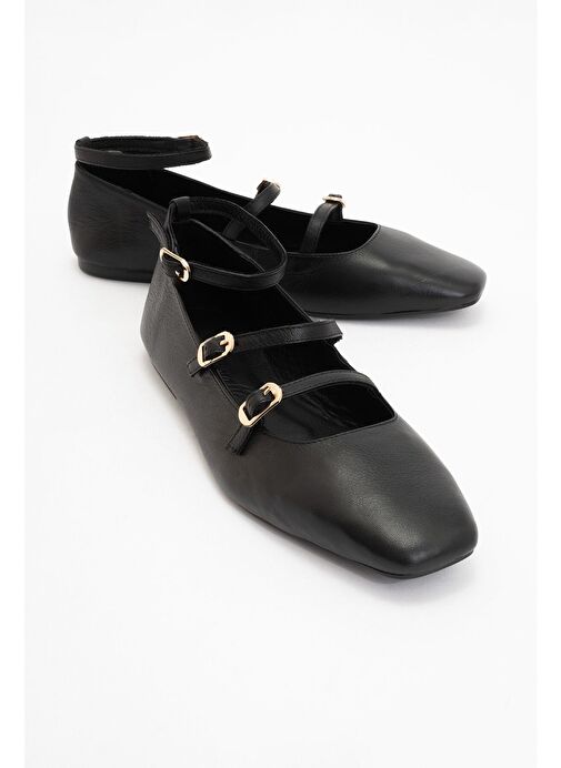 GLIMMER Siyah Hakiki Deri Bilekten Bağlamalı Küt Burun Kadın Babet Ayakkabı - Görsel 2