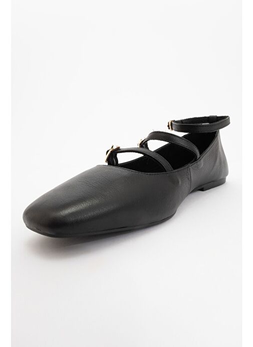 GLIMMER Siyah Hakiki Deri Bilekten Bağlamalı Küt Burun Kadın Babet Ayakkabı - Görsel 4