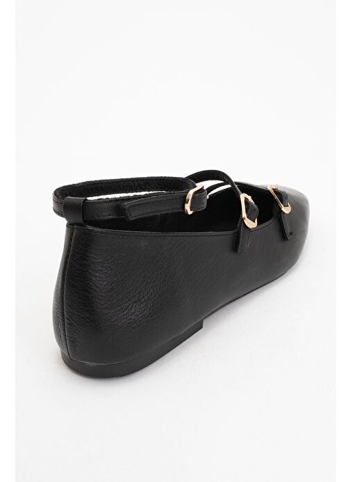 GLIMMER Siyah Hakiki Deri Bilekten Bağlamalı Küt Burun Kadın Babet Ayakkabı - Görsel 5