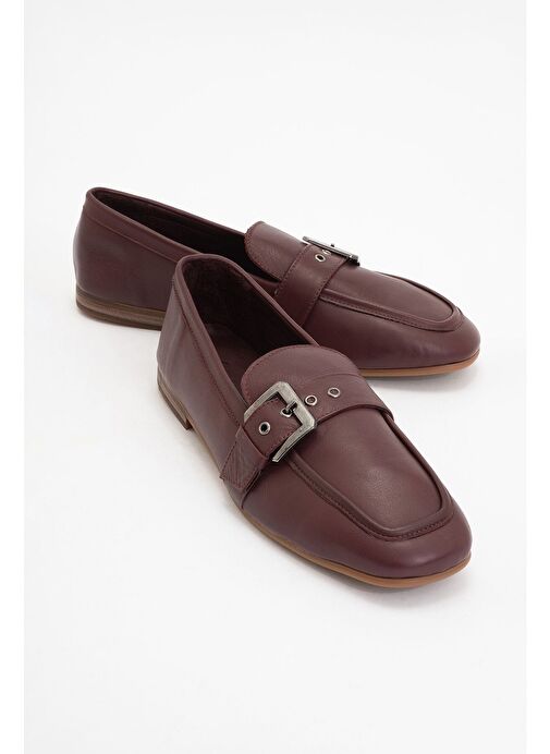 CLARION Bordo Cilt Hakiki Deri Kemerli Küt Burun Kadın Loafer Ayakkabı - Görsel 2