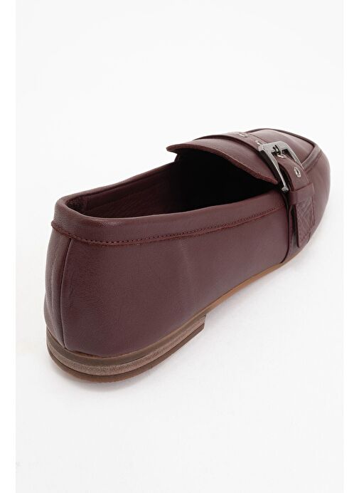 CLARION Bordo Cilt Hakiki Deri Kemerli Küt Burun Kadın Loafer Ayakkabı - Görsel 5