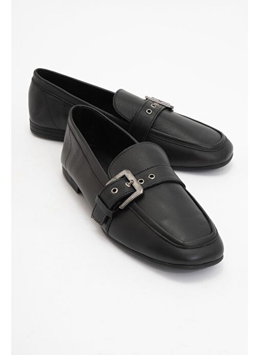 CLARION Siyah Cilt Hakiki Deri Kemerli Küt Burun Kadın Loafer Ayakkabı - Görsel 2