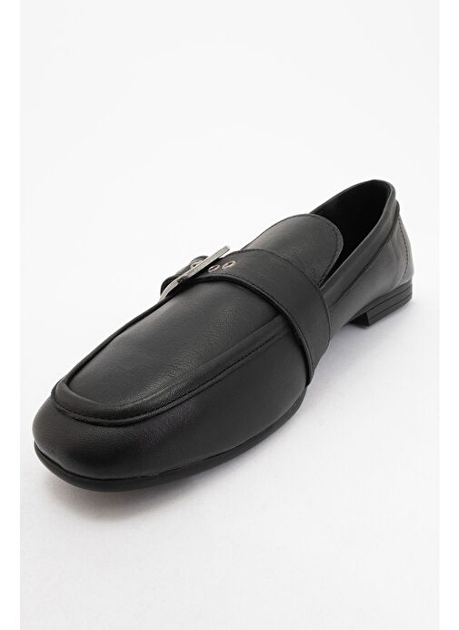 CLARION Siyah Cilt Hakiki Deri Kemerli Küt Burun Kadın Loafer Ayakkabı - Görsel 4