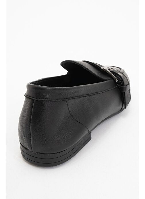 CLARION Siyah Cilt Hakiki Deri Kemerli Küt Burun Kadın Loafer Ayakkabı - Görsel 5