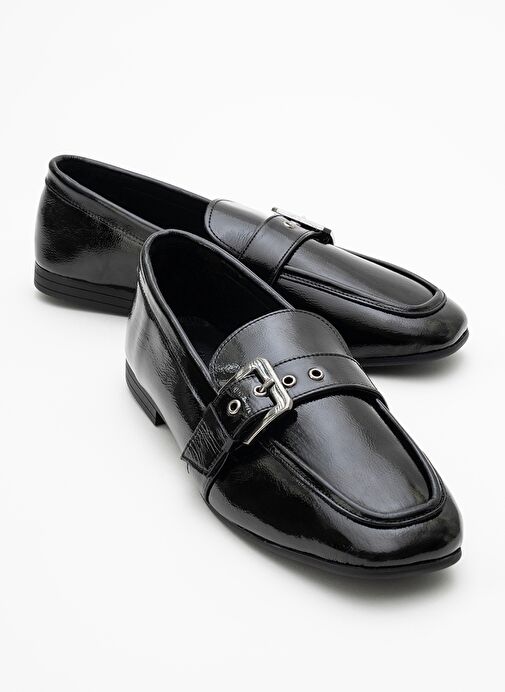 CLARION Siyah Rugan Hakiki Deri Kemerli Küt Burun Kadın Loafer Ayakkabı - Görsel 2