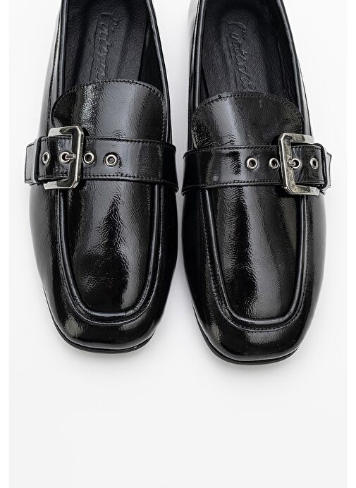 CLARION Siyah Rugan Hakiki Deri Kemerli Küt Burun Kadın Loafer Ayakkabı - Görsel 3