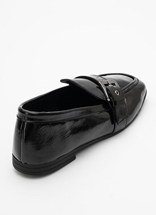 CLARION Siyah Rugan Hakiki Deri Kemerli Küt Burun Kadın Loafer Ayakkabı - Görsel 5
