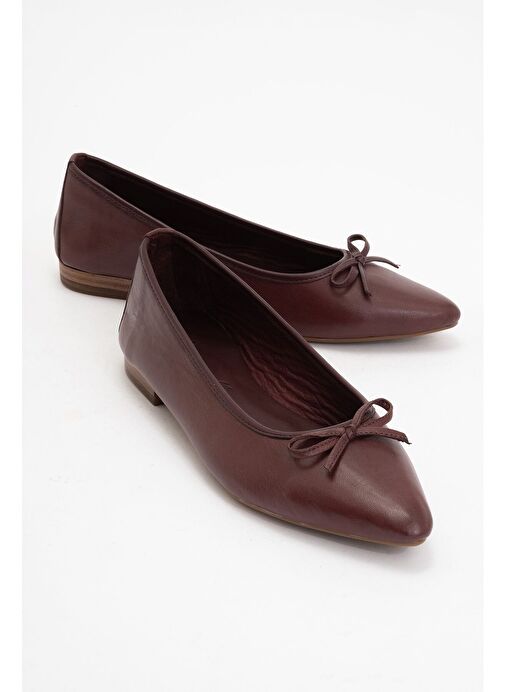 BRIAR Bordo Cilt Hakiki Deri Fiyonklu Sivri Burun Kadın Babet Ayakkabı - Görsel 2