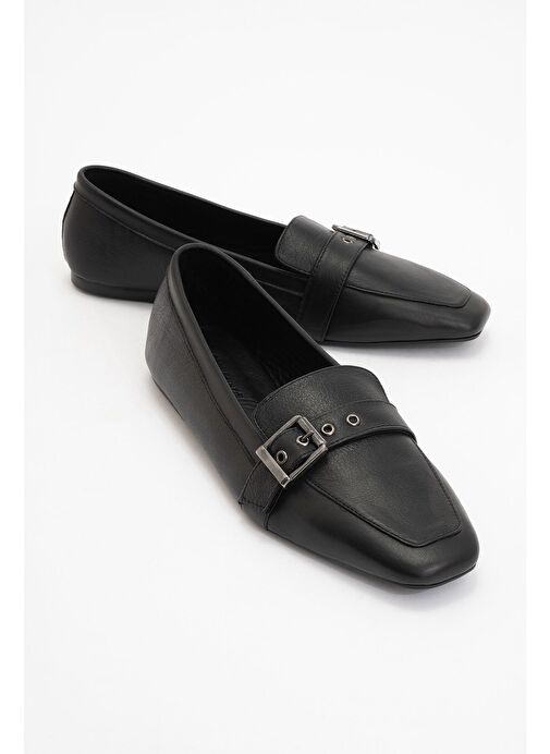 PERIWINKLE Siyah Cilt Hakiki Deri Kemerli Kadın Loafer Ayakkabı - Görsel 2