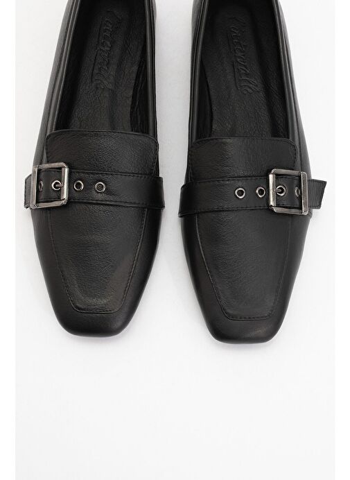 PERIWINKLE Siyah Cilt Hakiki Deri Kemerli Kadın Loafer Ayakkabı - Görsel 3