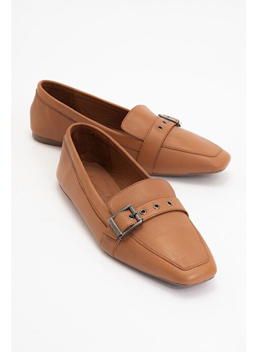 PERIWINKLE Taba Cilt Hakiki Deri Kemerli Kadın Loafer Ayakkabı - Görsel 2