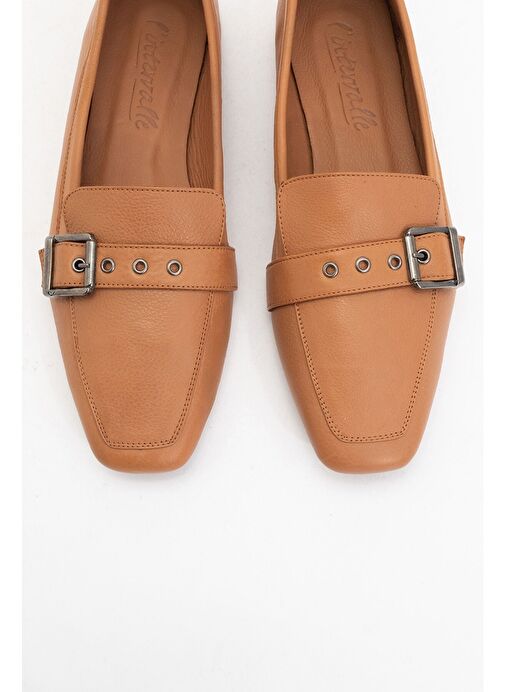 PERIWINKLE Taba Cilt Hakiki Deri Kemerli Kadın Loafer Ayakkabı - Görsel 3
