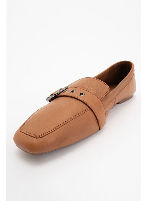 PERIWINKLE Taba Cilt Hakiki Deri Kemerli Kadın Loafer Ayakkabı - Görsel 4