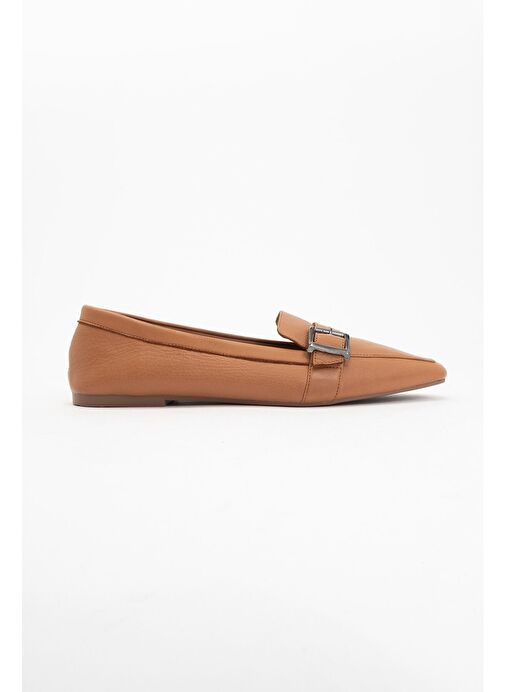 PERIWINKLE Taba Cilt Hakiki Deri Kemerli Kadın Loafer Ayakkabı - Görsel 6