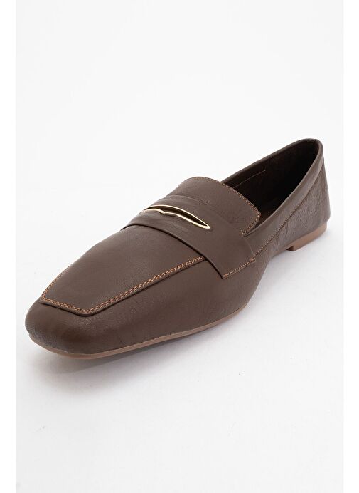 IRIDESSA Kahverengi Cilt Hakiki Deri Tokalı Küt Burun Kadın Loafer Ayakkabı - Görsel 4