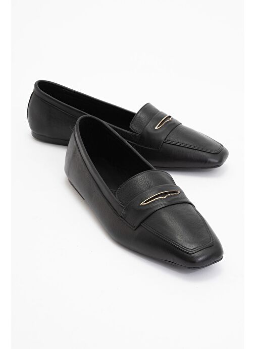 IRIDESSA Siyah Cilt Hakiki Deri Tokalı Küt Burun Kadın Loafer Ayakkabı - Görsel 2