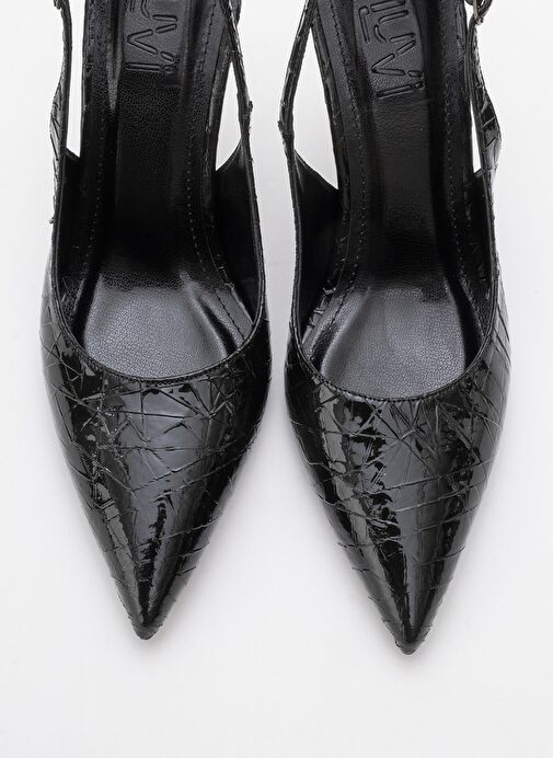 CHİCA Siyah Desenli Arkası Açık Sivri Burun Kadın Topuklu Ayakkabı - Görsel 3