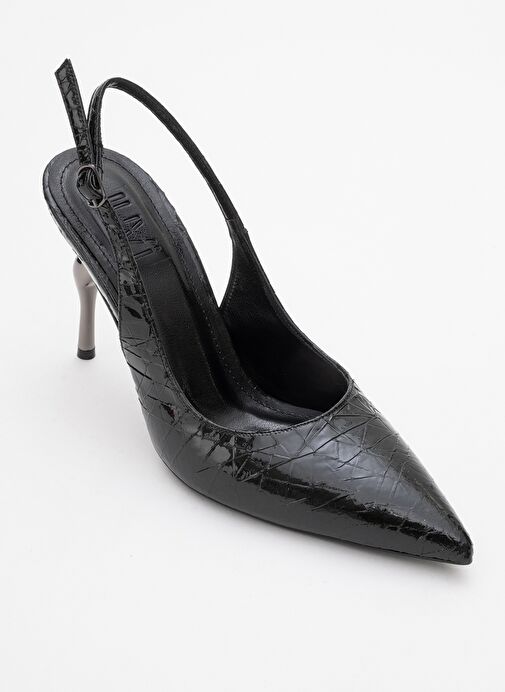 CHİCA Siyah Desenli Arkası Açık Sivri Burun Kadın Topuklu Ayakkabı - Görsel 4