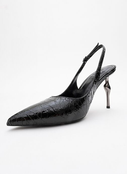 CHİCA Siyah Desenli Arkası Açık Sivri Burun Kadın Topuklu Ayakkabı - Görsel 5