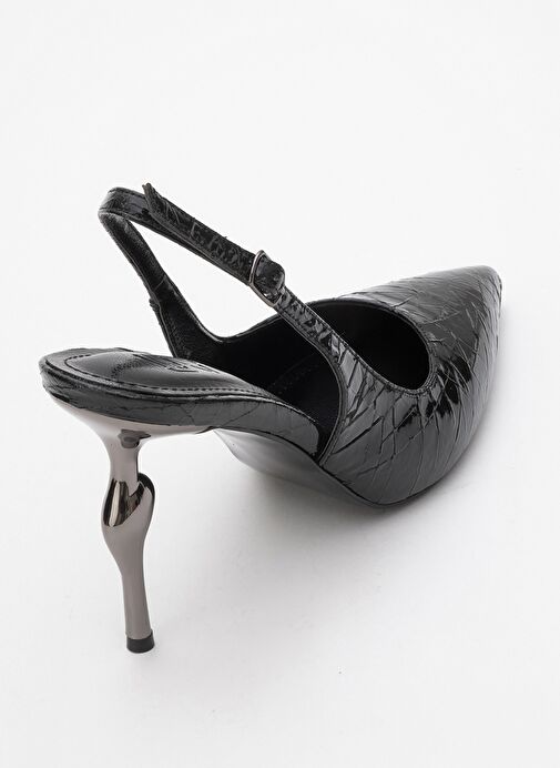 CHİCA Siyah Desenli Arkası Açık Sivri Burun Kadın Topuklu Ayakkabı - Görsel 6