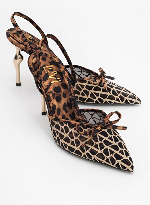 PEONY Siyah Sarı Desenli Fileli Fiyonklu Sivri Burun Kadın Topuklu Ayakkabı - Görsel 2