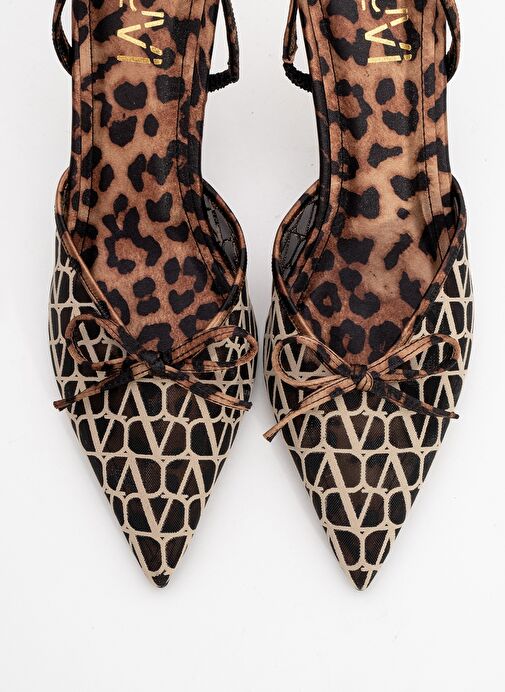 PEONY Siyah Sarı Desenli Fileli Fiyonklu Sivri Burun Kadın Topuklu Ayakkabı - Görsel 3