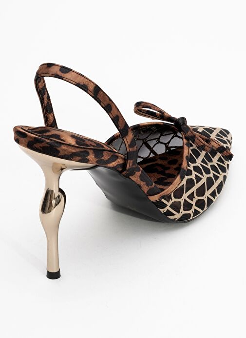 PEONY Siyah Sarı Desenli Fileli Fiyonklu Sivri Burun Kadın Topuklu Ayakkabı - Görsel 6