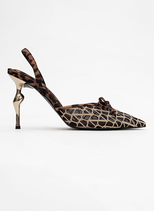 PEONY Siyah Sarı Desenli Fileli Fiyonklu Sivri Burun Kadın Topuklu Ayakkabı - Görsel 7